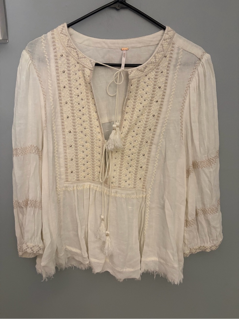 Free People The Wild Life Embroidered Peasant Blouse Ivory Boho Studded Top L